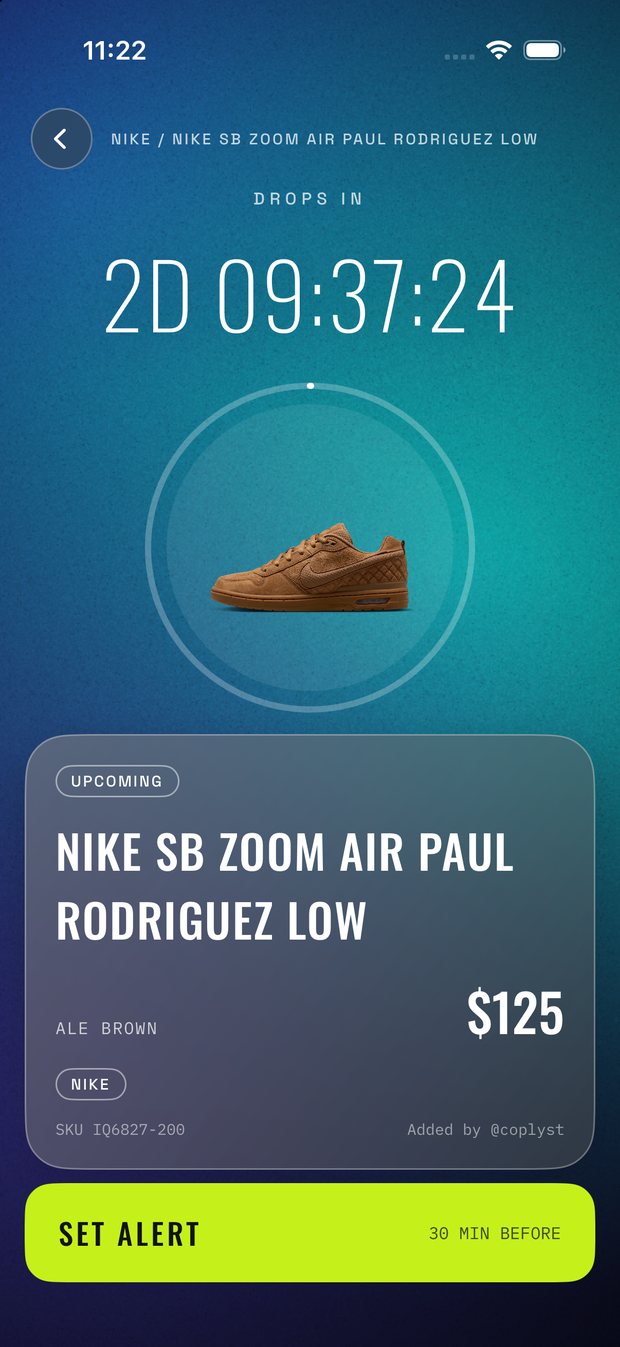 A drop page with a large countdown and a Set Alert button