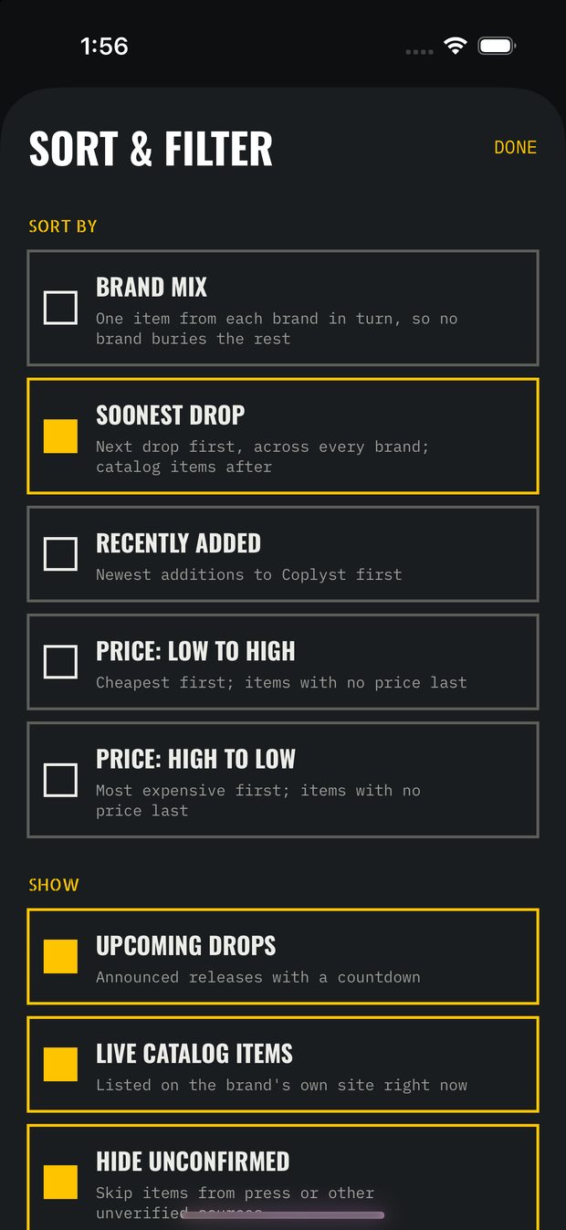 Sort and filter options