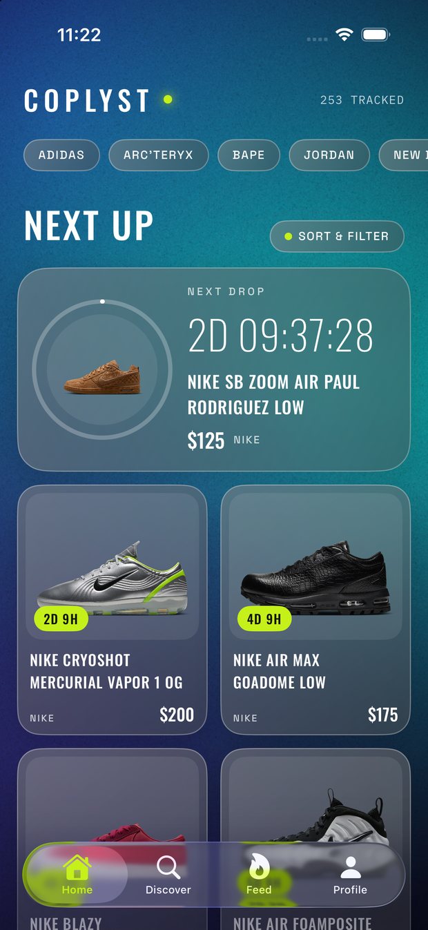 Coplyst home feed showing upcoming drops with countdowns